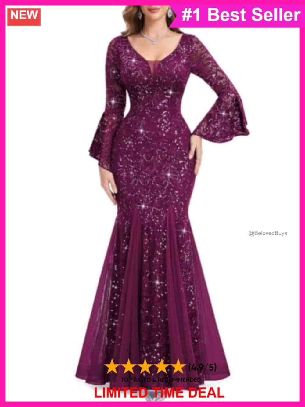 Formal Sequin Lace Tulle Mermaid Evening Gown V-Neck Bell Sleeve